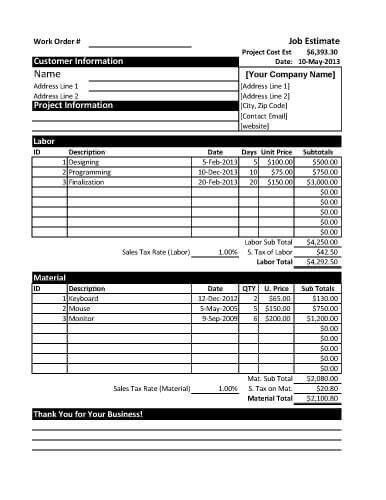 11 Job Estimate Templates And Work Quotes Excel Word Free Template Document
