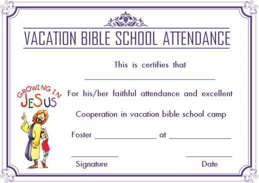 12 VBS Certificate S For Students Of Bible School Church Vacation