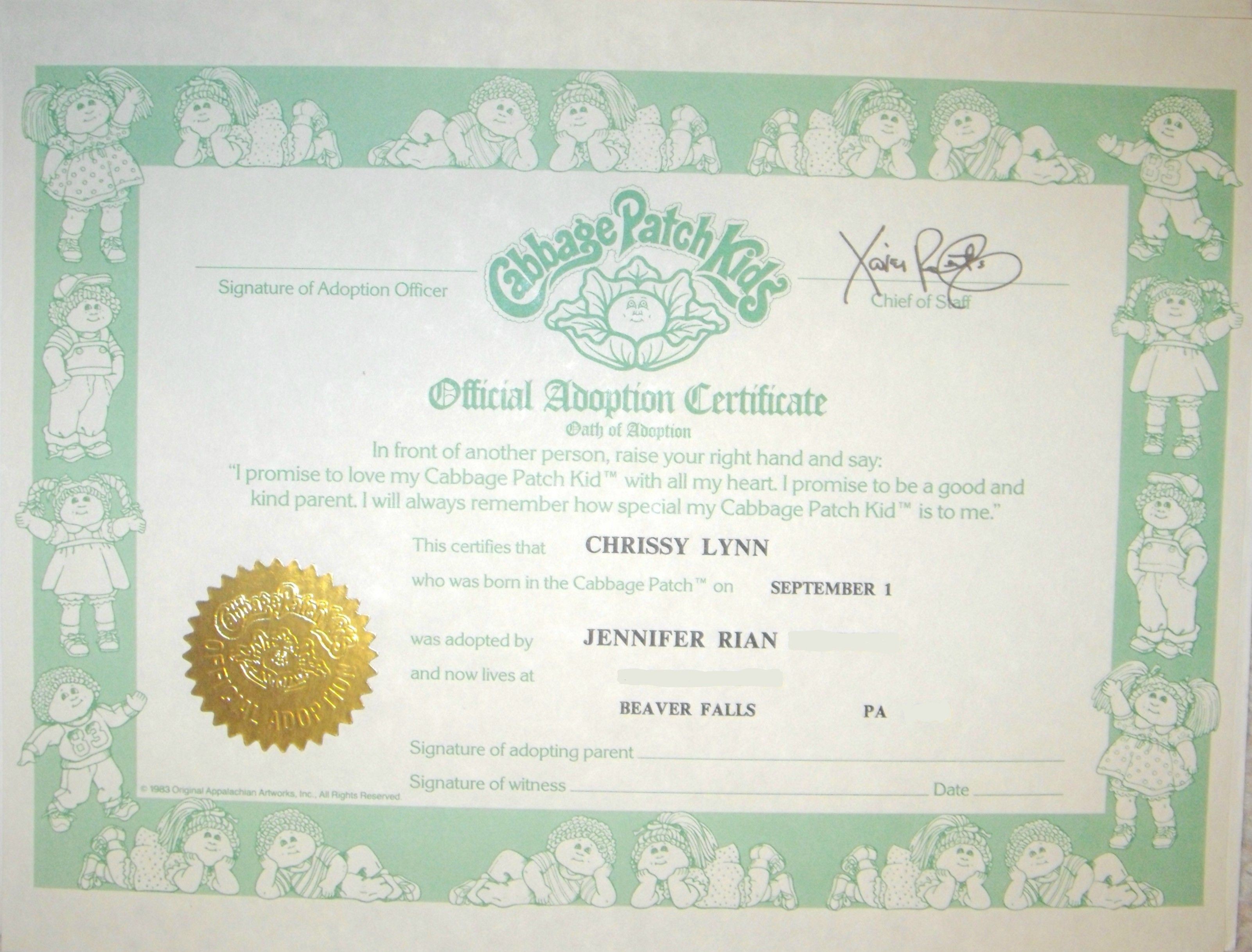 original cabbage patch doll birth certificate Inside Baby Doll Birth Certificate Template