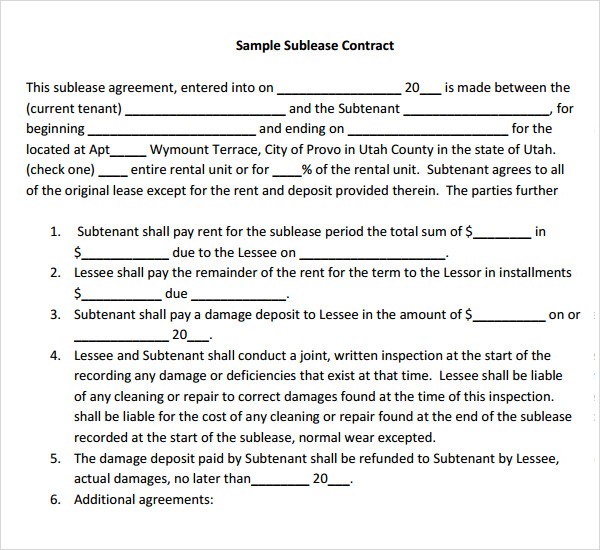23 Sample Free Sublease Agreement S To Download Commercial