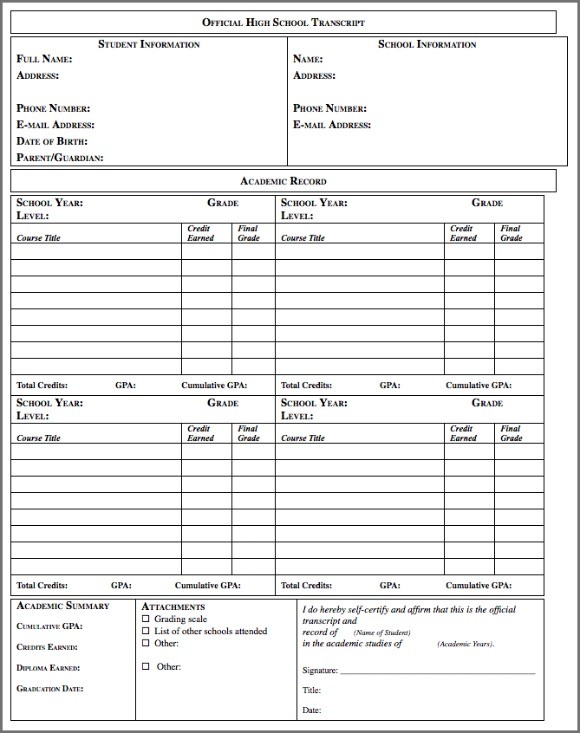 Editable College Transcript Template