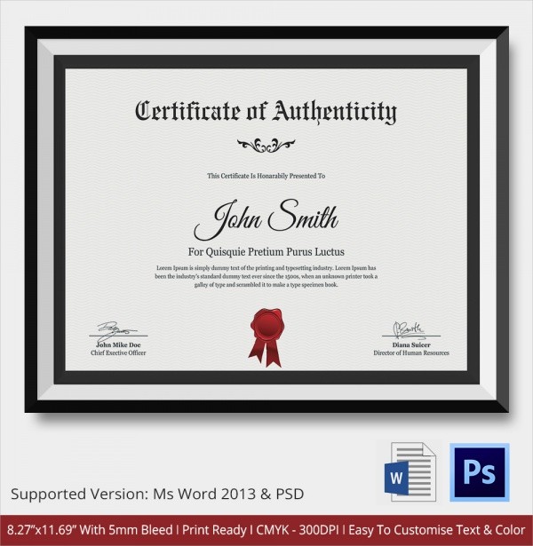 36 Sample Certificate Of Authenticity Templates Free Template Microsoft Word