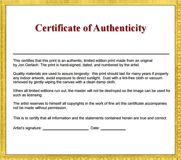 36 Sample Certificate Of Authenticity Templates Free Template Microsoft Word