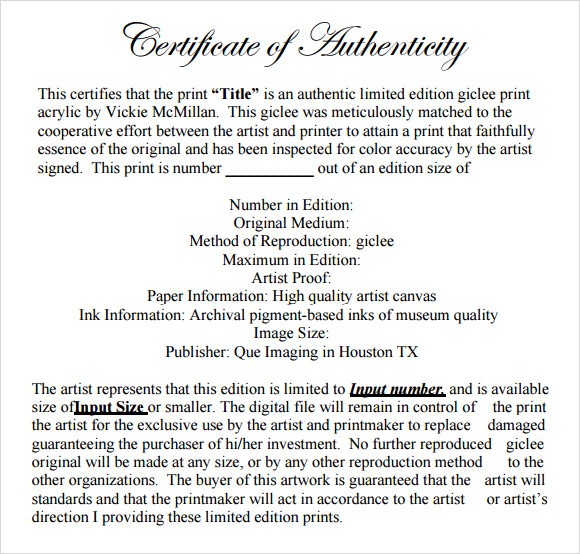 36 Sample Certificate Of Authenticity Templates Template Microsoft