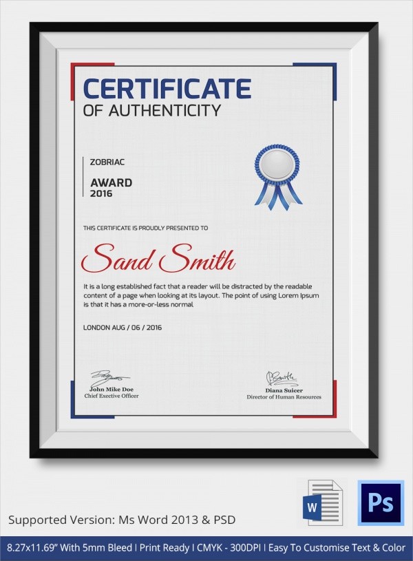 36 Sample Certificate Of Authenticity Templates Template Microsoft