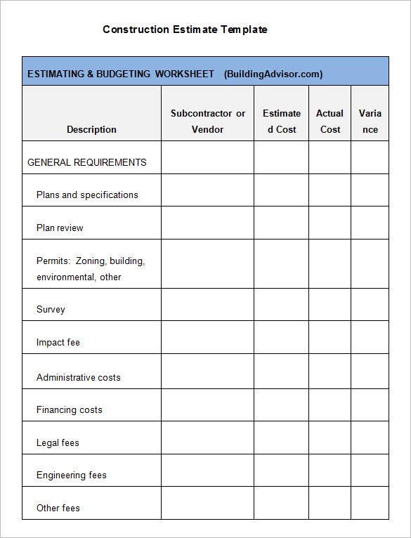 5 Construction Estimate Templates PDF DOC Excel Free Sheets