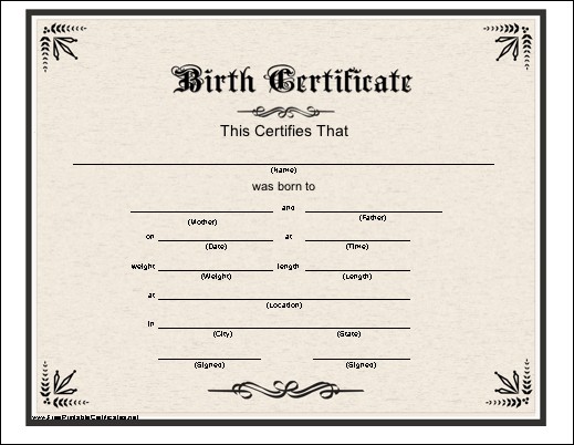 A Basic Printable Birth Certificate With An Elaborate Historic Font Blank
