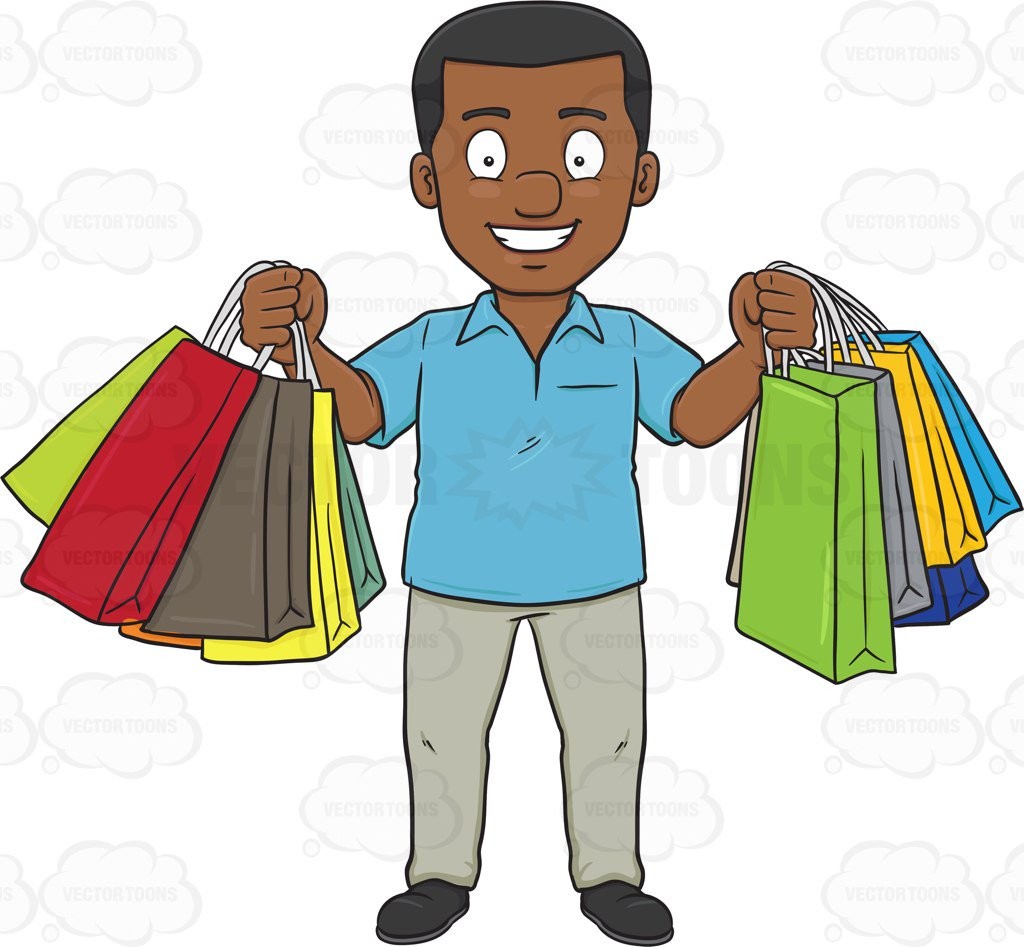 A Black Man Smiles In Pleasure After Shopping Spree Clipart