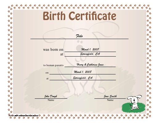 A Dog Birth Certificate For Puppy Or Little Of Puppies