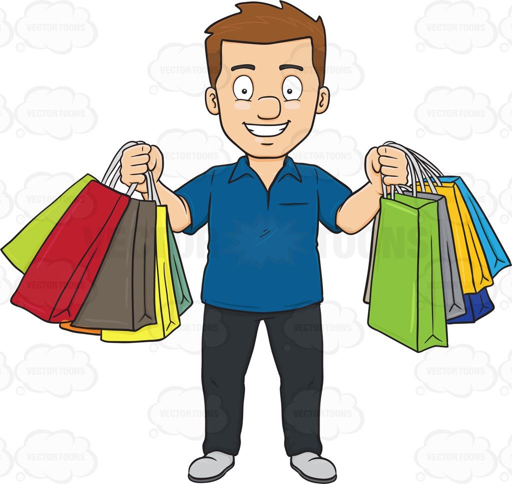 A Man Smiles In Pleasure After Shopping Spree Clipart By Vector