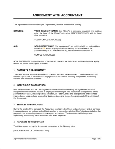 Agreement With Accountant Template Sample Form Biztree Com Contractor