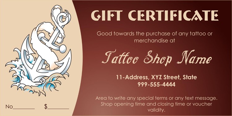 Anchor Themed Tattoo Gift Certificate Template Card