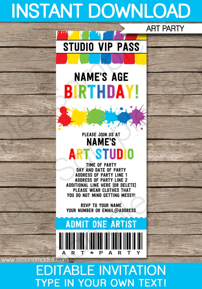 Art Party Ticket Invitations Paint Template Free Templates
