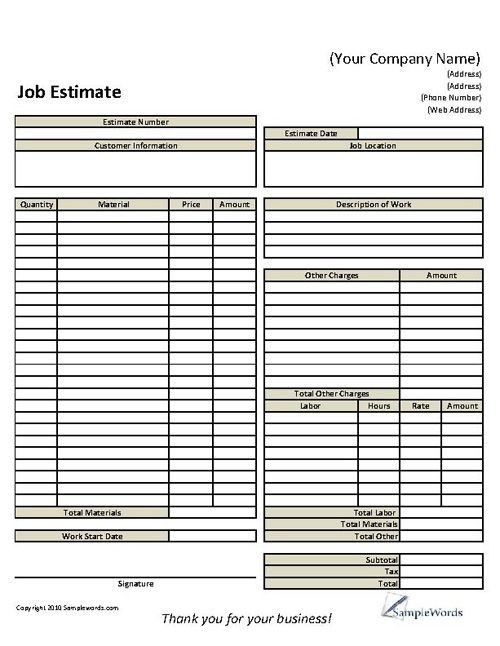Basic Job Estimate Form Sheet Pinterest Business