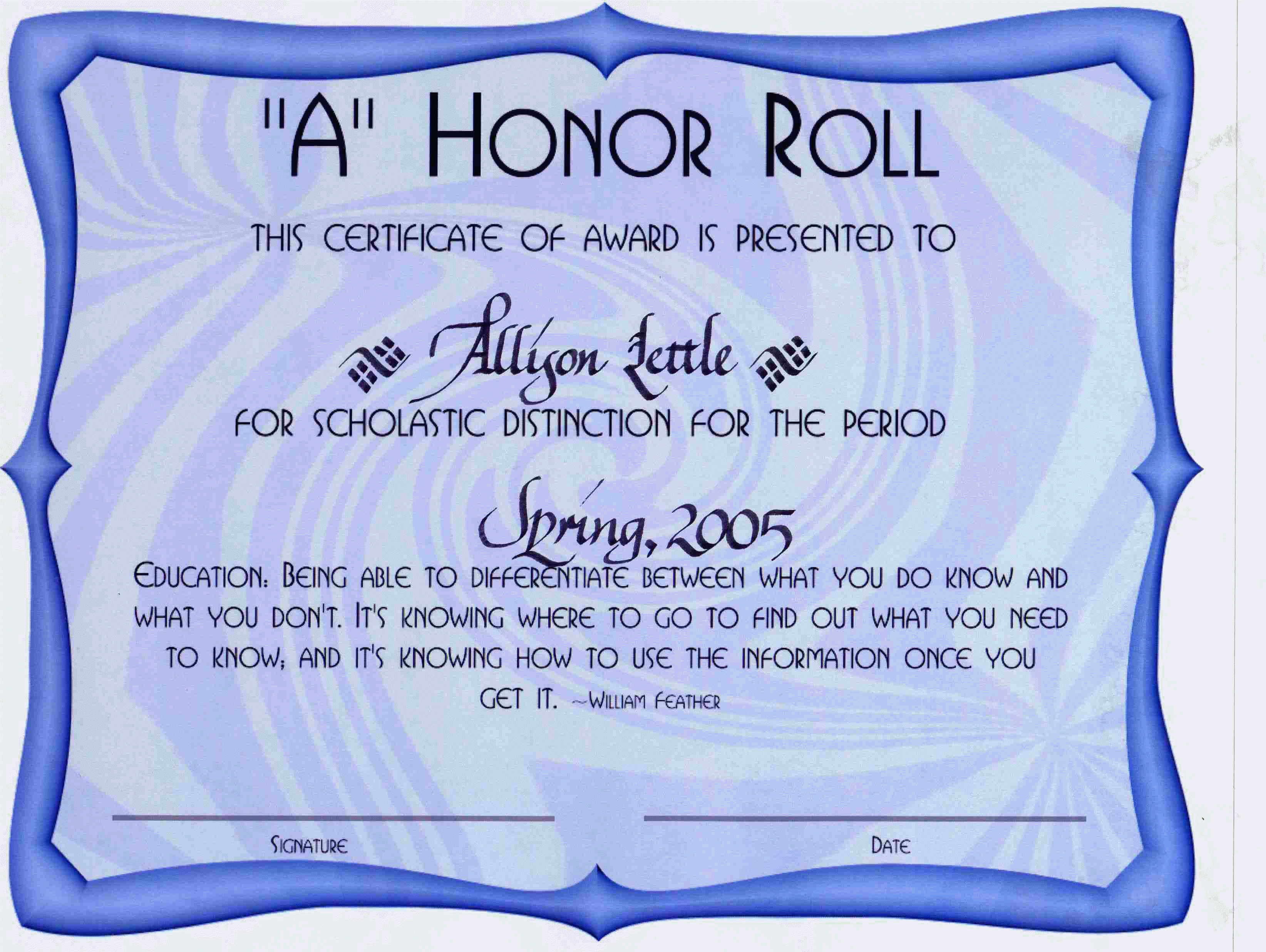 Best Photos Of Template Certificate Honor Roll Award Free Printable Awards