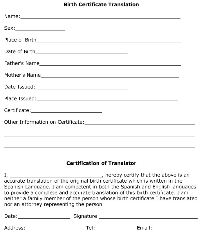 Birth Certificate Translation Template English To