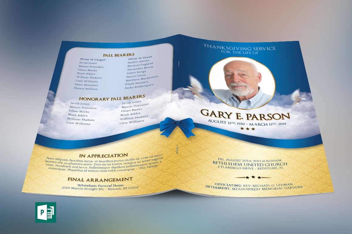 Blue Ribbon Funeral Program Publisher Template On Behance Background Pictures For Programs