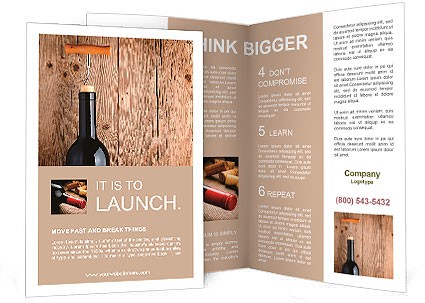 Bottle Of Wine With Corkscrew On Wooden Background Brochure