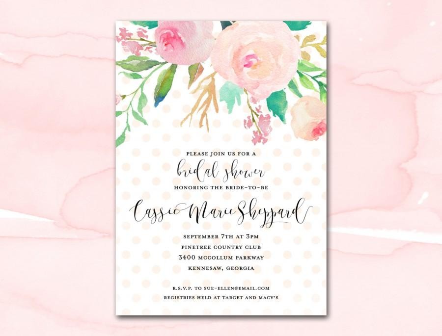 Bridal Shower Invitation Printable Blush Watercolor Floral Polka Wedding Invitations