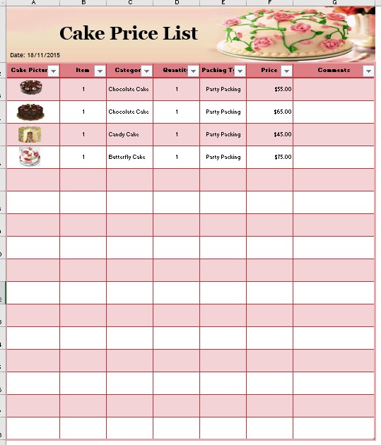 Cake Price List Template Printable Templates