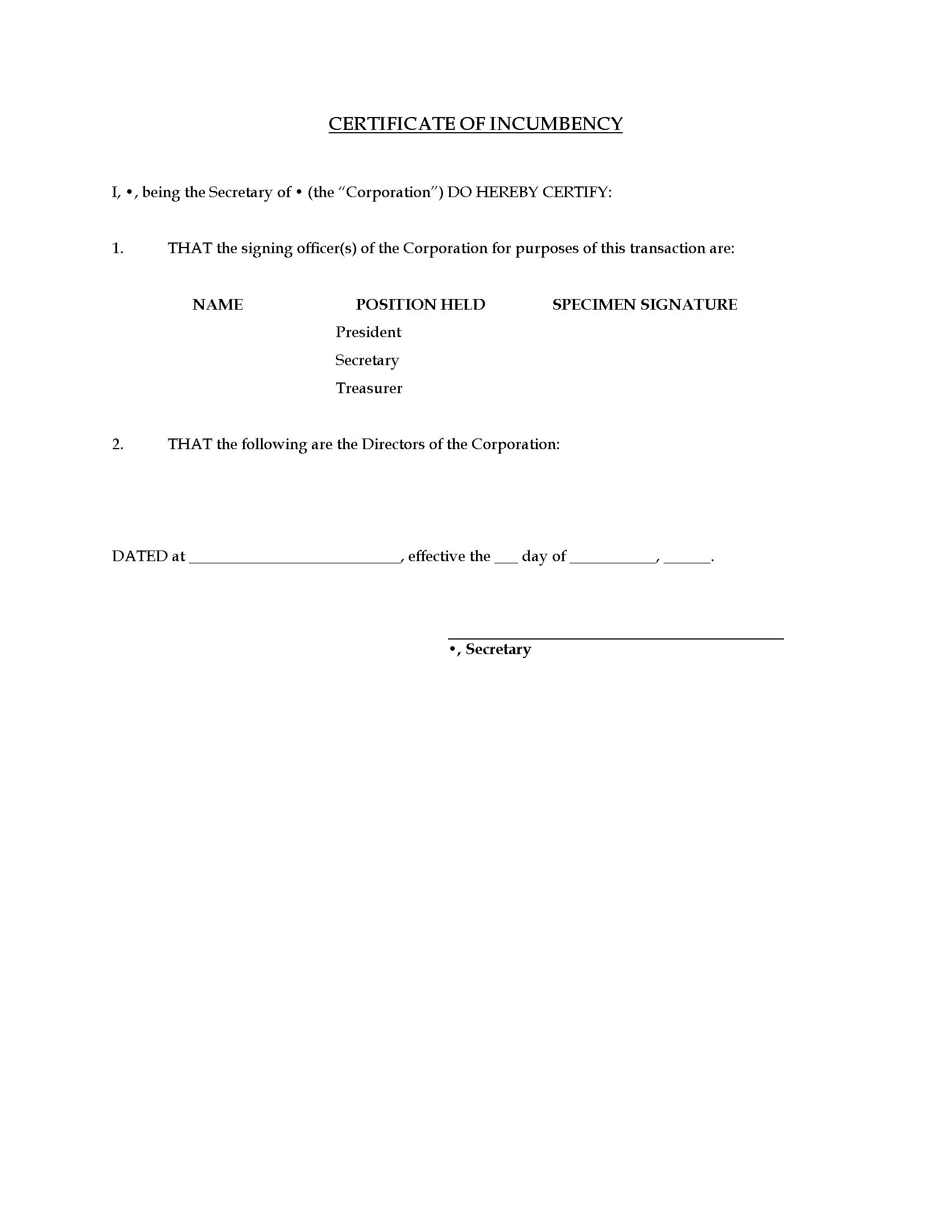 Canada Certificate Of Incumbency Form Legal Forms And Business Sample