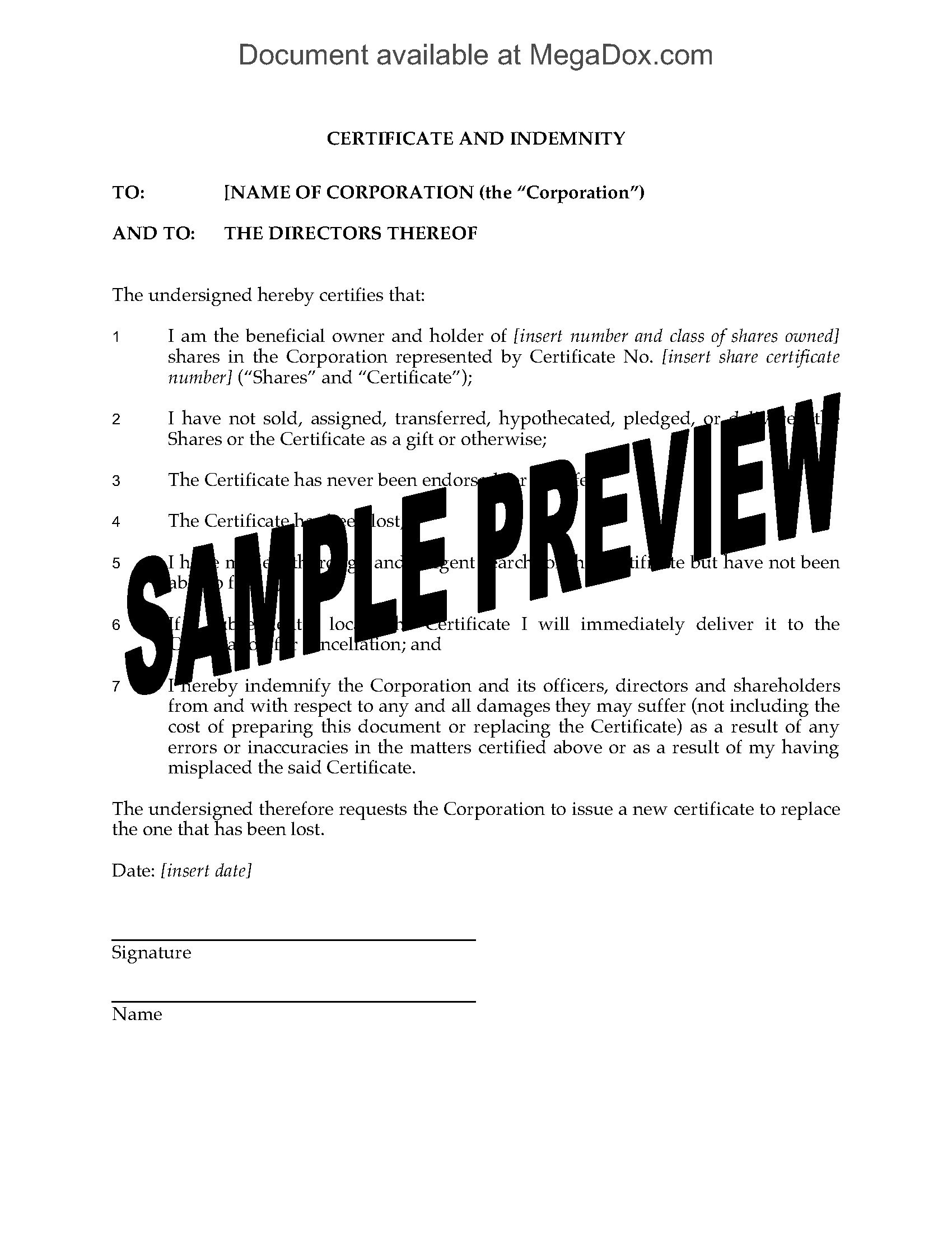 Canada Indemnity For Lost Share Certificate Legal Forms And Template