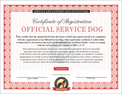 Canadian Service Dog Emotional And Therapy Vest ID Animal Certificate Template