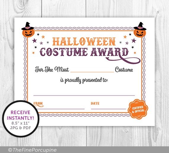 Certificate Best Halloween Costume Award Party Etsy Certificates To