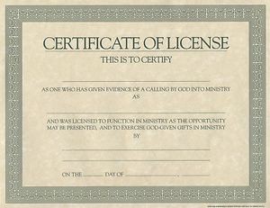 Certificate License For Minister Cokesbury