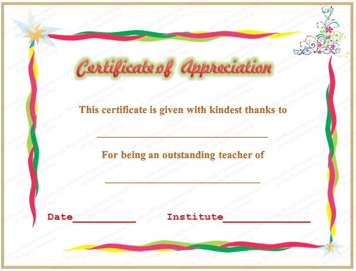 Certificate Of Appreciation For Outstanding Teaching Teachers Wording