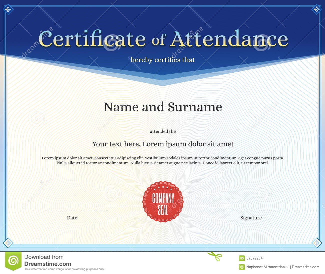 Certificate Of Attendance Template In Vector Stock