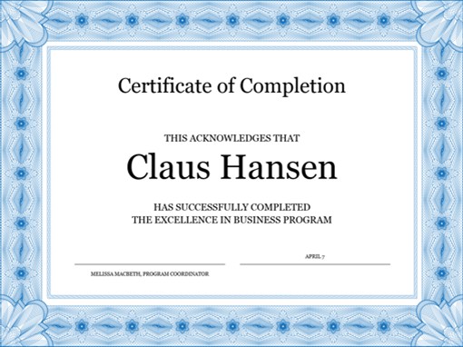 Certificate Of Completion Blue Template