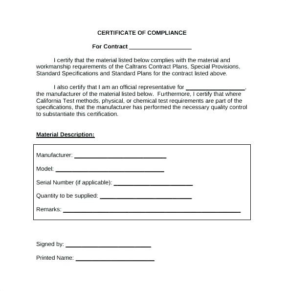 Certificate Of Conformity Template Templates Free