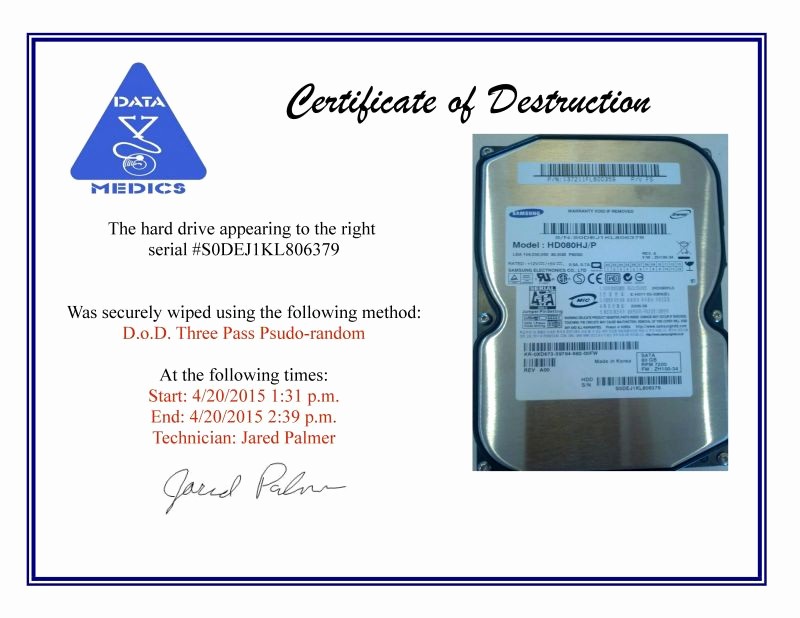 Certificate Of Data Destruction Template Awesome Hard Drive