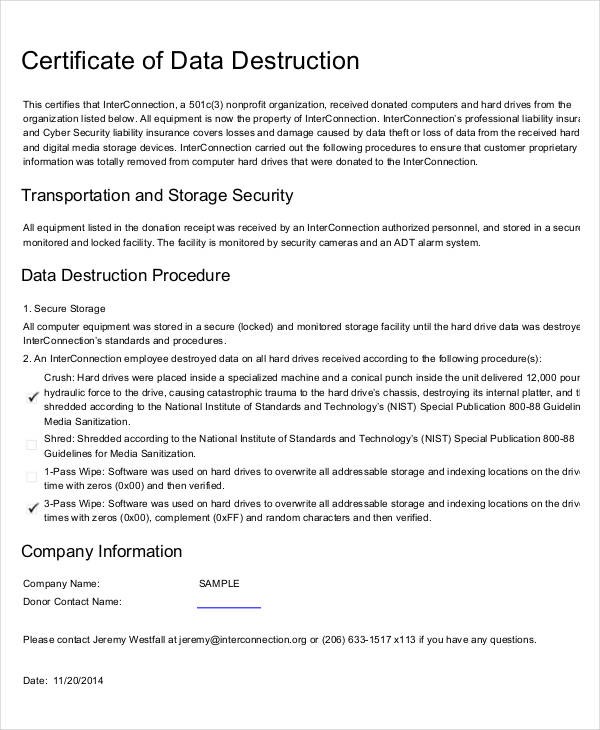 Certificate Of Destruction S 10 Free PDF Format Download Hard Drive