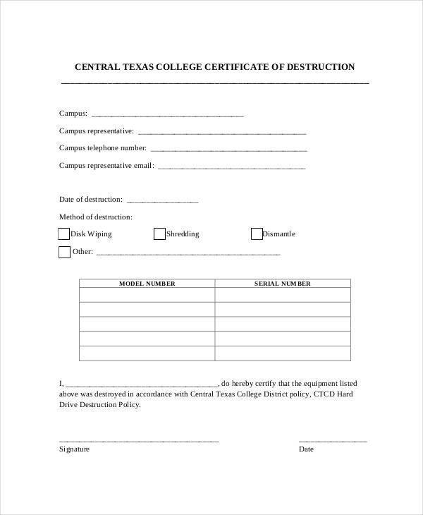 Certificate Of Destruction S 10 Free PDF Format Download Hard Drive