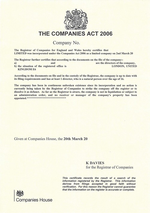 Certificate Of Good Standing For UK Companies Incumbency Sample