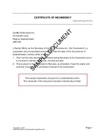 Certificate Of Incumbency Canada Legal Templates Agreements Template Free