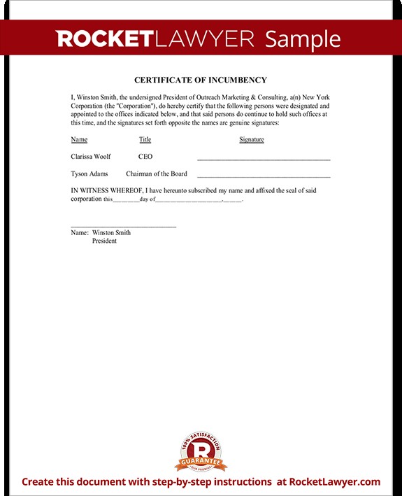 Certificate Of Incumbency With Sample Template