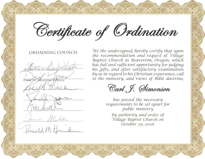 Certificate Of Ordination For Pastor Template Gimpexinspection Com Minister