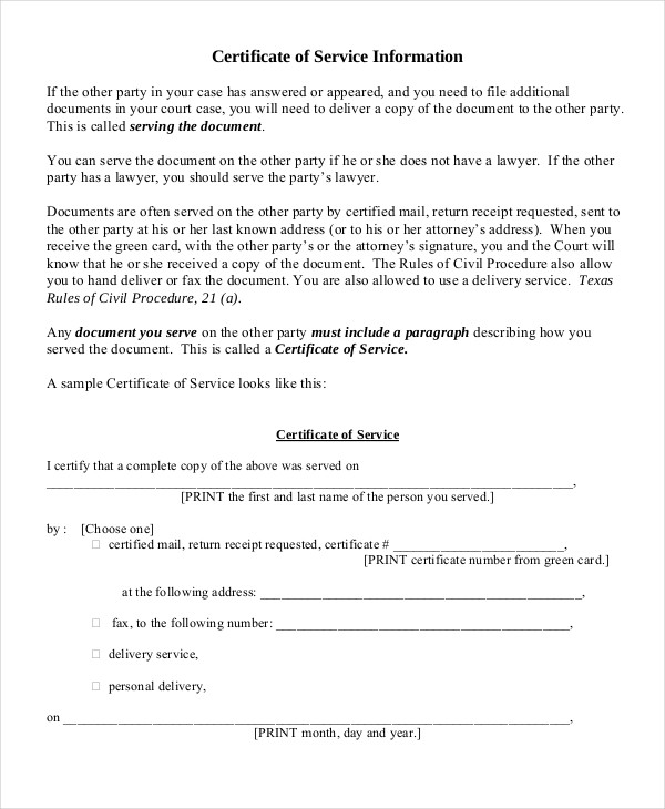 Certificate Of Service Template 7 Free Word PDF