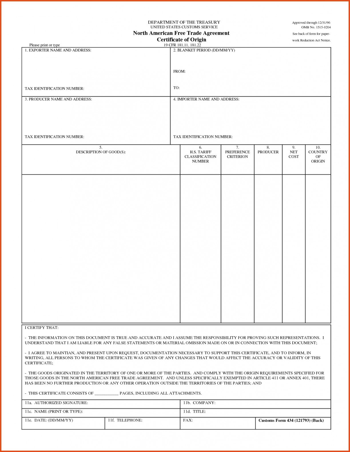 Certificate Origin Template Usa Cafta Form Df777b7b0c50 Us Israel