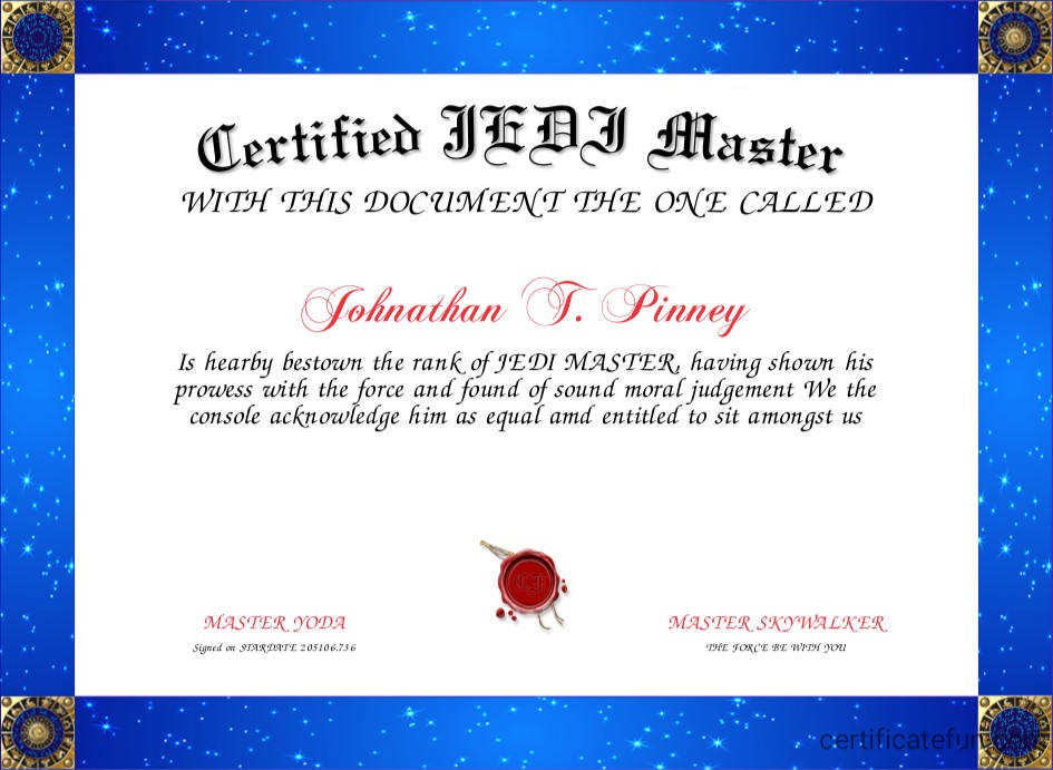 Certified JEDI Master Certificate Created With Certificatefun Com Jedi
