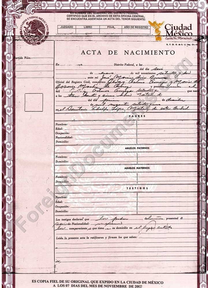 Certified Spanish Translation Mexican Birth Certificate