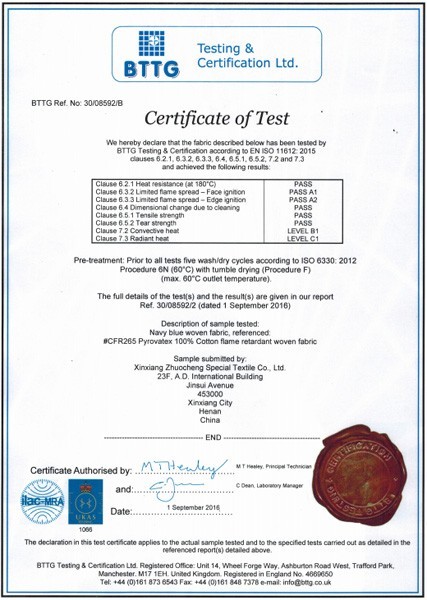 Cfr265 Pyrovatex En11612 Certificate Buy Cotton Fire Retardant Sample