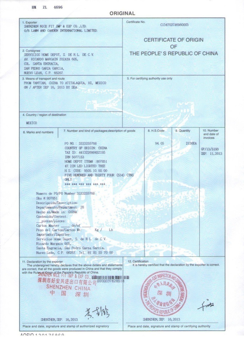 China Certificate Of Origin CFC Form