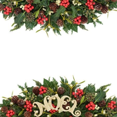 Christmas Background Border With Gold Noel Sign Holly Ivy Stock