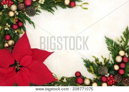 Christmas Border With Poinsettia Flower Red And Gold Bauble