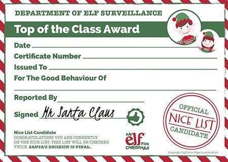 Christmas Certificate Template Rewards Elf For Printable