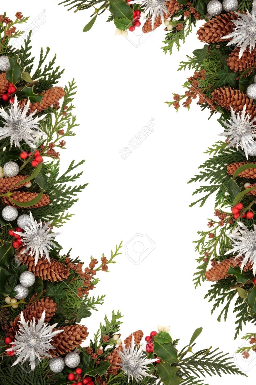 Christmas Decorative Border Of Holly Ivy Mistletoe Cedar